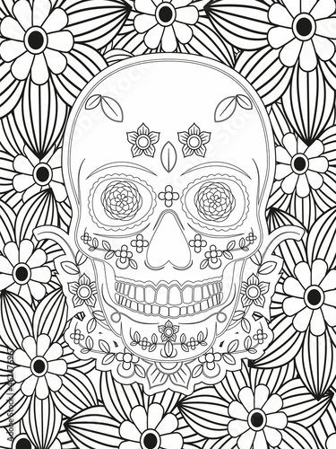 Sugar Skull flowers frame for Halloween or Day of the dead with flower elements. Hand drawn. Doodles art for greeting cards, invitation or poster. Coloring book for adult and kids.