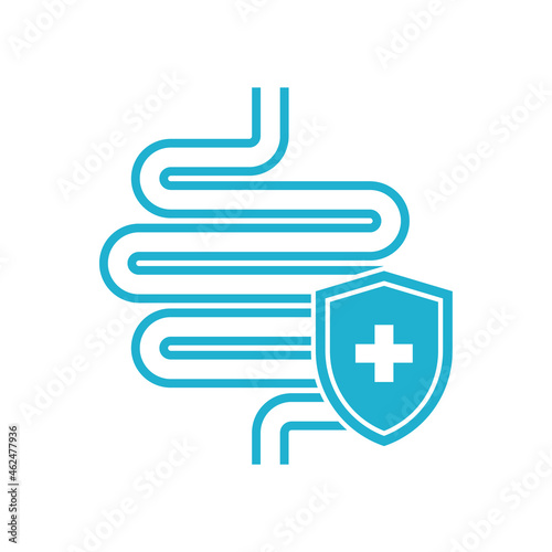 Healthy protected intestine, logo with protect shield. Digestive system protection symbol concept. Vector illustration