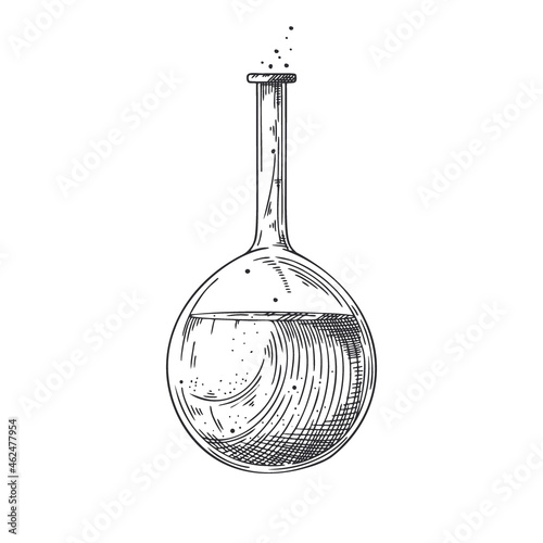 Sketch of a chemical laboratory object. Pharmaceutical flasks, beakers and test tubes. Discovery and chemistry symbol