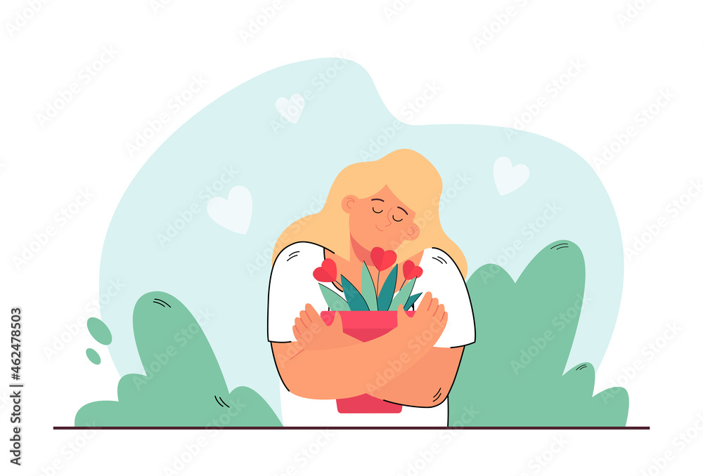 Pretty blond woman hugging house plant in pot. Metaphor of love and caring flat vector illustration. Relationship, love, nature, home and comfort concept for banner, website design or landing web page Pretty blond woman hugging house plant in pot. Metaphor of love and caring flat vector illustration. Relationship, love, nature, home and comfort concept for banner, website design or landing web page