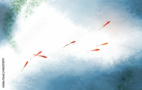 Seaweed and school of small red fishes in blue water. Traditional oriental ink painting sumi-e, u-sin, go-hua.