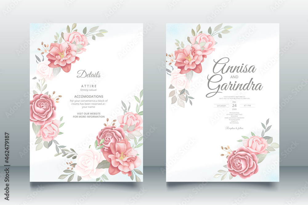  Elegant wedding invitation card with beautiful floral and leaves template Premium Vector