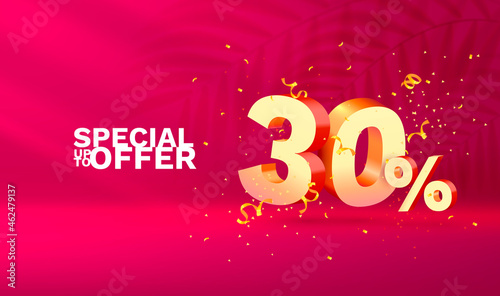 30 Off. Discount creative composition. 3d sale symbol with decorative objects, golden confetti, podium and gift box. Sale banner and poster. Vector