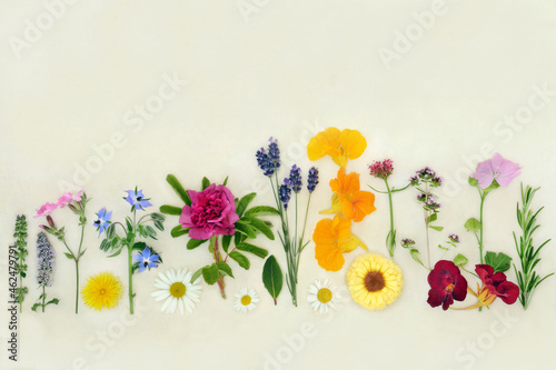 Herbs and edible flowers used in alternative plant herbal medicine, seasoning,  food decoration. Natural health care concept on hemp paper background. Flat lay, top view, copy space. photo