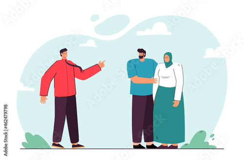 Boss yelling at worker who supported by colleague. Head dissatisfied with the work of the employee flat vector illustration. Office atmosphere, employee relationships, support and pressure concept