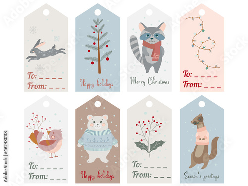 Christmas greeting gift tags with winter elements and holiday wishes. Winter vector illustration isolated on white background.