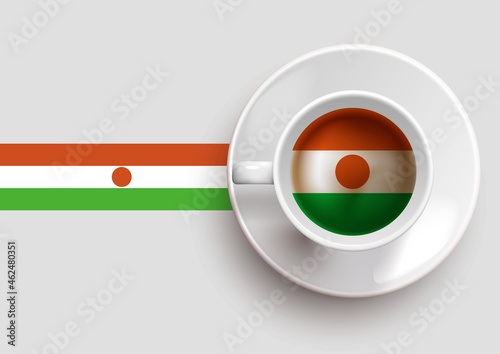 Niger flag with a tasty coffee cup on top view and a gradient background. Hot beverage with Niger flag, vector illustration.