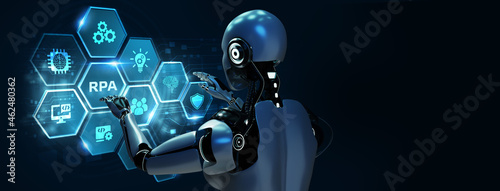 RPA Robotic process automation innovation technology concept. Robot pressing button on virtual screen. 3d render