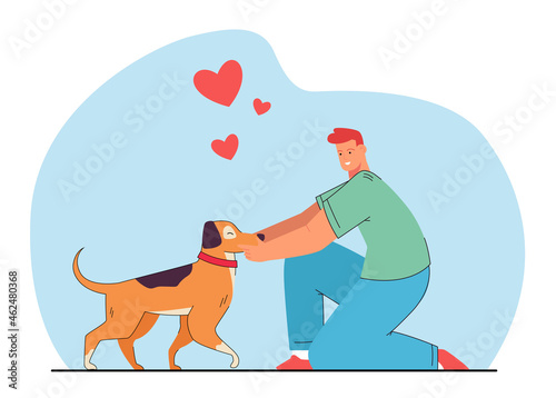 Happy dog owner cartoon character petting puppy. Man and cute doggy flat vector illustration. Pets, domestic animals, love, care, friendship concept for banner, website design or landing web page