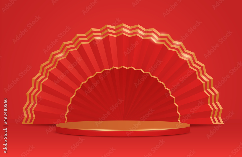 3D illustration of Chinese New Year red and golden theme podium scene with paper graphic style of oriental festive elements on background for product display. Wide copy space for design.
