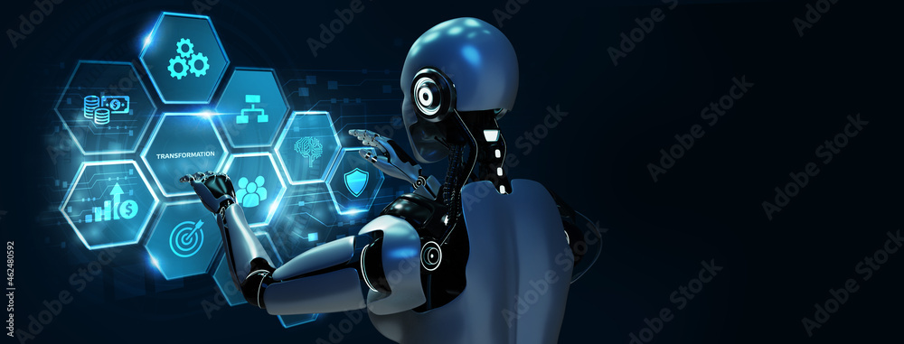 Business Transformation. Future and Innovation Internet and network concept. Robot pressing button on virtual screen. 3d render