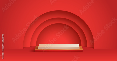 3D illustration of Chinese New Year red and golden theme podium scene with paper graphic style of oriental festive elements on background for product display. Wide copy space for design. 