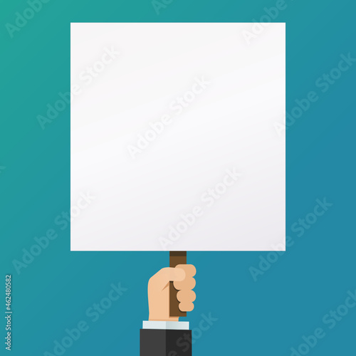 A hand holds up a blank rectangle billboard (flat design)