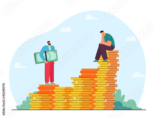 Businessman sitting on stack of gold coins and man with cash. Male character investing in business flat vector illustration. Investment, success, finances concept for banner or landing web page