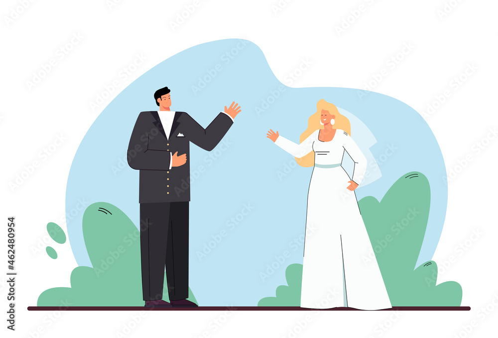 Cartoon bride and groom getting married. Man in tuxedo and woman in wedding dress flat vector illustration. Love, relationship, romance, marriage concept for banner, website design or landing web page Cartoon bride and groom getting married. Man in tuxedo and woman in wedding dress flat vector illustration. Love, relationship, romance, marriage concept for banner, website design or landing web page