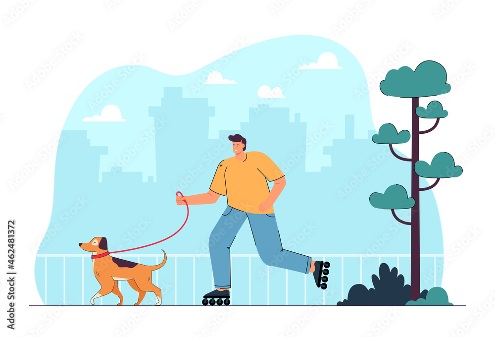 Cartoon man in roller skates walking dog in city park. Male character roller skating outside with puppy on leash flat vector illustration. Outdoor activity, pets concept for banner or landing web page - obrazy, fototapety, plakaty 