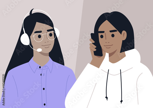Call center assistant helping to a customer, a hotline concept