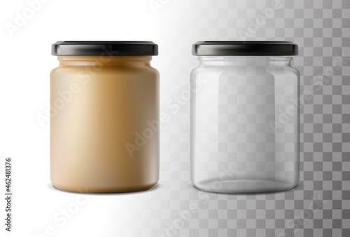 vector icon. Glass jar. Transparent can with plastic lid. Empty and full bottle.