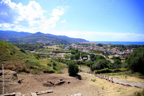 Panorama with sea and mountains of the city of Ascea, view from the hill with the ruins of Velia, Cilento, Italy
