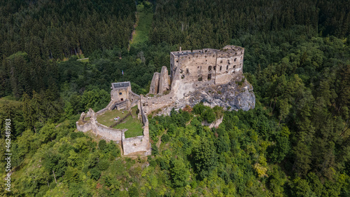 Aerial view of Likava castle in Likavka village in Slovakia