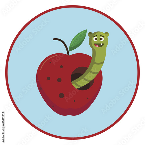 Worm in an apple round sticker label flat design