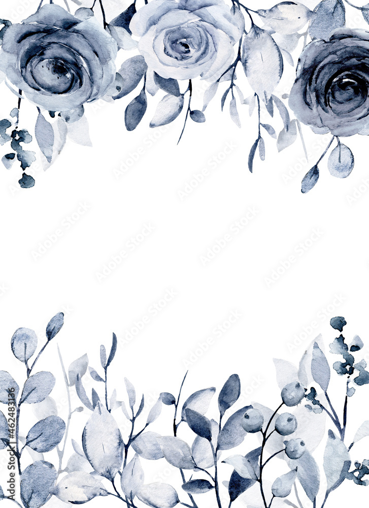 Watercolor flowers, blue floral frame for greeting card, invitation and ...
