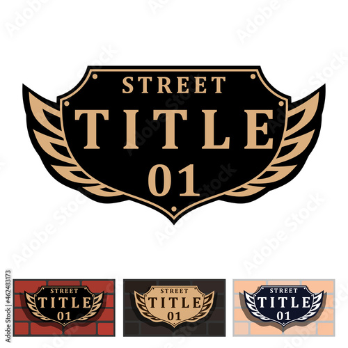 Addressable figured plate with wings and street number for residential and non-residential premises, houses, shops, cafes. Different colors pattern, isolated vector illustration
