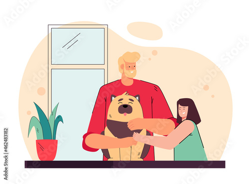 Father presenting pet to his daughter. Man and his child petting dog flat vector illustration. Family, childhood, animal adoption, friendship concept for banner, website design or landing web page