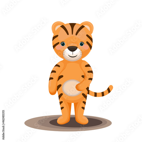 Cute little tiger isolated on white background. Wild animal cartoon illustration.