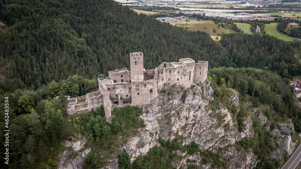 Aerial view of the castle in the village of Strecno in Slovakia
