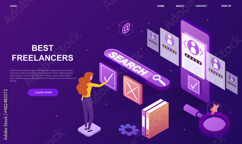 Freelancers service concept. Girl chooses coworker for remote work on project. Collaboration via Internet, candidate review, performer rating. 3d vector illustration isolated on violet background