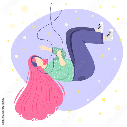 Vector girl with bright hair in headphones, sweater, jeans and sneakers falls in zero gravity. Online learning concept in pastel colors. Simple flat relaxed character for website or mobile application