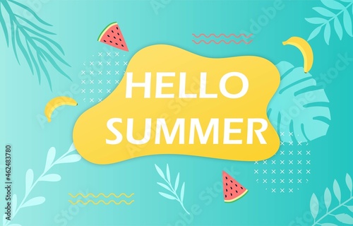 Hello Summer banner. Graphic element for website, Tropical abstract images. Bright pictures for information about discounts and sales. Vivid vector illustrationg isolated on green background