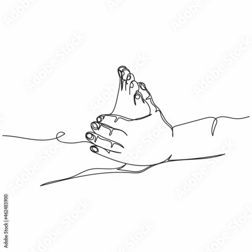 Continuous one line drawing of therapist hands massaging lady foot in silhouette on a white background. Linear stylized.