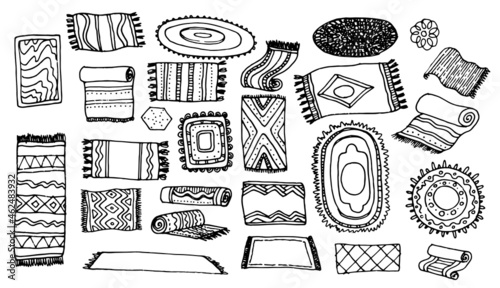 a set of painted carpet and carpets. a hand-drawn doodle-style set of different shaped carpets with different textures, dots and lines. isolated black line on white objects for interior photo
