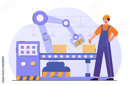 Factory industrial worker. Smart system, semiautomatic conveyor. Apparatus adjuster at factory. Packing goods in boxes, transportation. Cartoon flat vector illustration isolated on white background