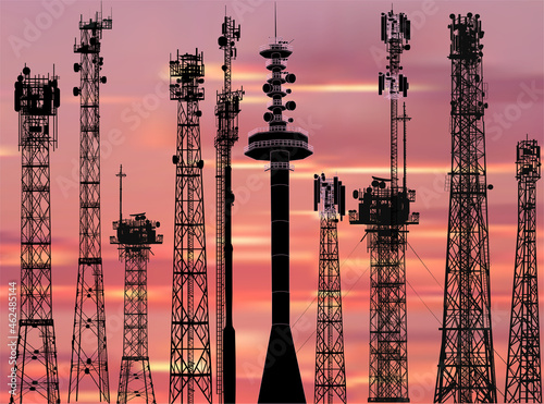 set of ten antenna silhouettes on sunset background