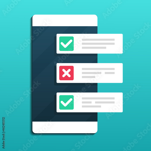 Phone with checklist. Document form, tasklist. Online form survey. Illustration vector