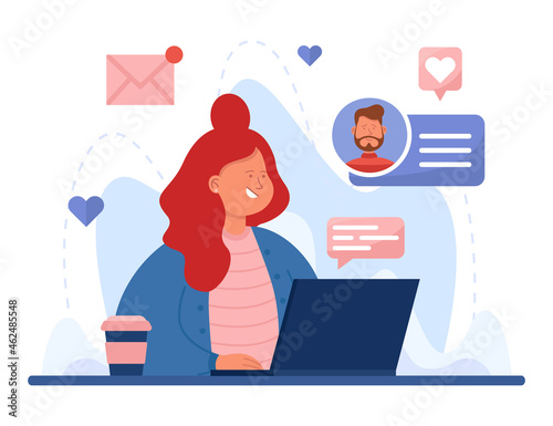 Cartoon girl searching for romantic partner using laptop. Woman sitting at computer and trying to find boyfriend online. Flat vector illustration. Social network, love, relationship, service concept