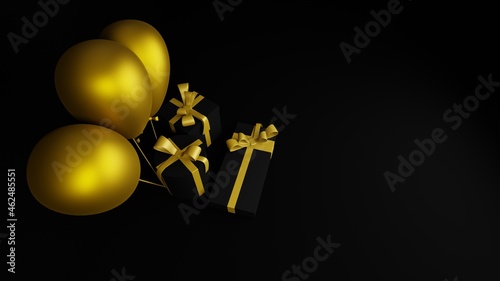 three balloons and black gift boxes top view black friday.3d render