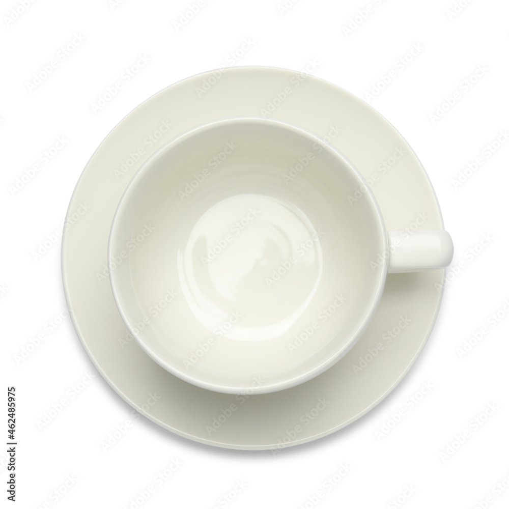 Empty cup with saucer on white background, top view Empty cup with saucer on white background, top view