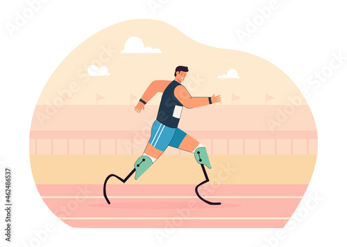 Runner with prosthetic legs jogging on sport track. Handicapped man with physical disability training on prostheses, running marathon flat vector illustration. Paralympic games concept
