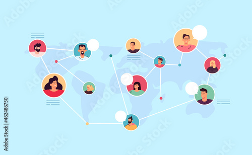 Diverse of people in worldwide global communication. Female and male characters talking to friends from world map flat vector illustration. Friendship, network technology, chat in social media concept