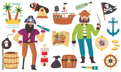 Bundle Set Pirate in cartoon hand drawn style