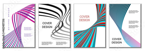 A set of 4 abstract covers. Wavy parallel gradient lines, ribbons evolve. Cover design, background. Trendy banner, poster.