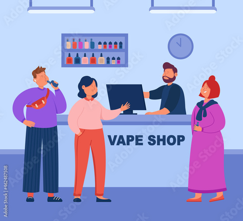 Modern barman serving customers who smoking electronic vaporizer cigarettes near showcase. Vape shop flat vector illustration. Business, service, vape marketing concept