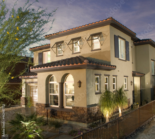 Photography New Home with landscaping at dusk housing project