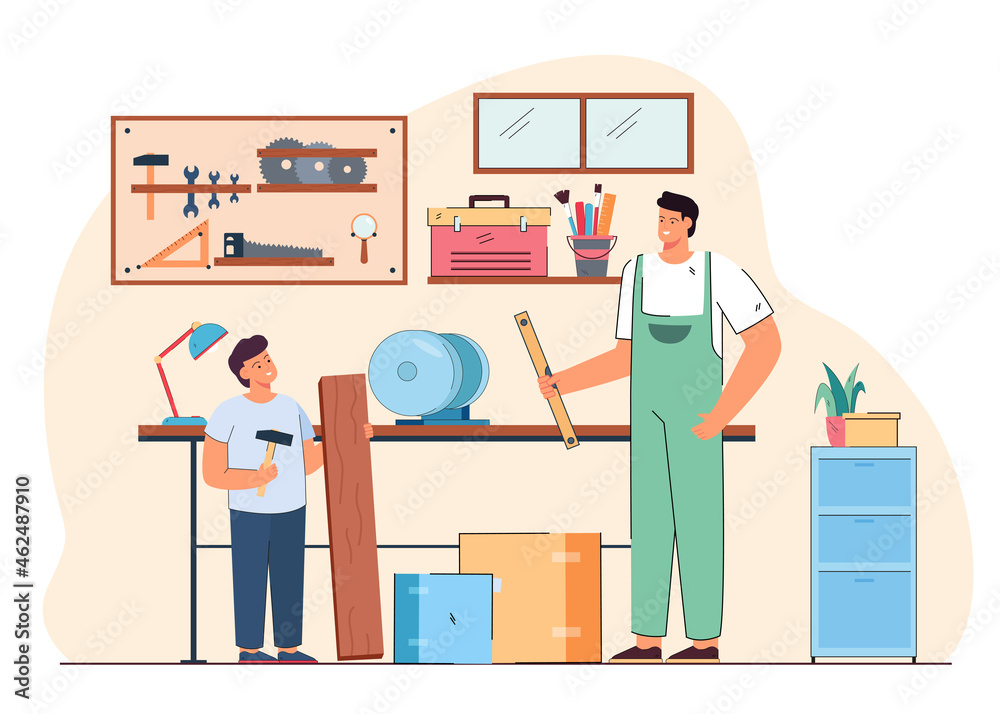 Carpenter father teaching son carpentry in workshop. Dad and boy working with diy tools in garage interior flat vector illustration. Carpentry and joinery, repair work, family craft hobby concept Carpenter father teaching son carpentry in workshop. Dad and boy working with diy tools in garage interior flat vector illustration. Carpentry and joinery, repair work, family craft hobby concept