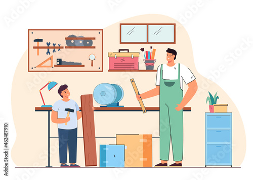 Carpenter father teaching son carpentry in workshop. Dad and boy working with diy tools in garage interior flat vector illustration. Carpentry and joinery, repair work, family craft hobby concept