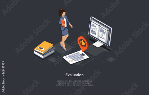 Evaluation Concept Illustration. Isometric Vector Composition, Cartoon 3D Style. Dark Background, Text. School Or University Papers Assessment. Education Process, Learning And Graduation Test Passing.